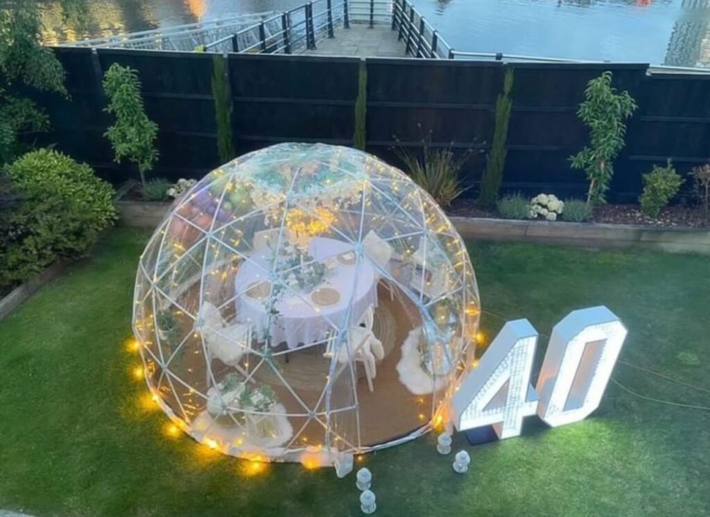 Garden Igloo Tent at Night with Lights.